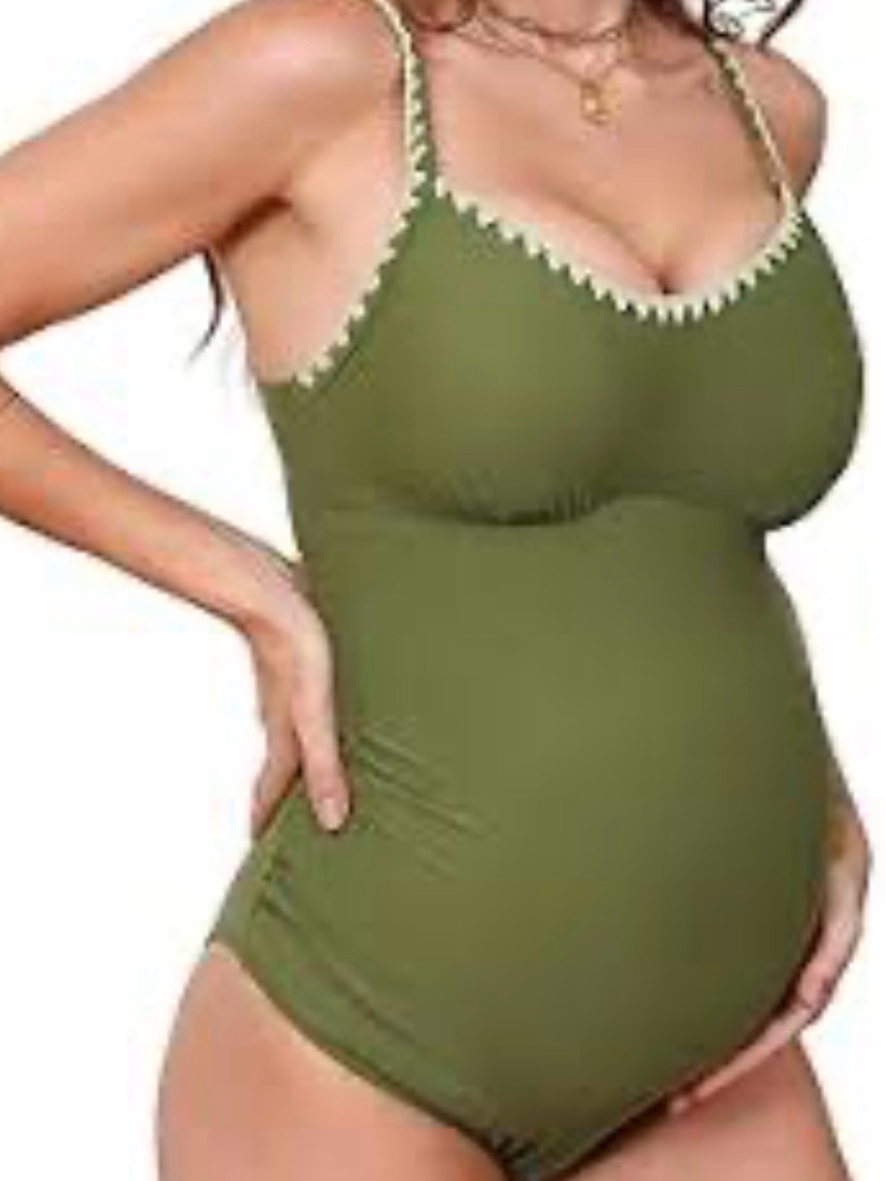 Cupshe Olive Maternity Swimsuit with Cream Scallop Trim